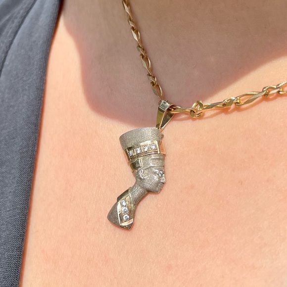 Vintage Unique Carved Pyrite 14k Gold CZ Nefertiti Pendant/Charm - Picture 13 of 14